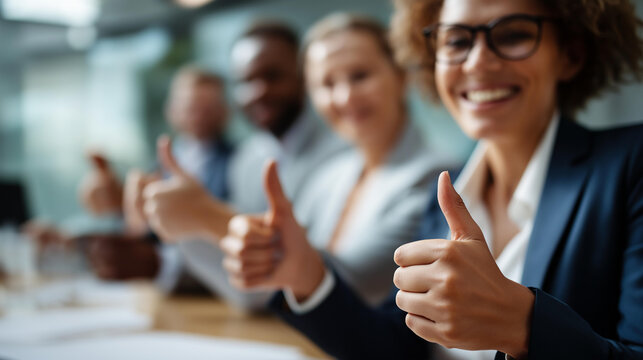 Faceless professionals in a modern boardroom give a thumbs up after a successful merger showing business group celebrating corporate success