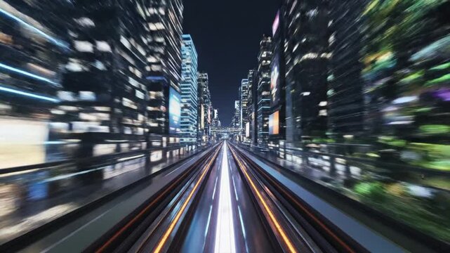 Futuristic city street with light trails and neon skyscrapers