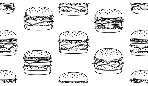Burger seamless pattern fast food cheeseburger outline vector repeat design
