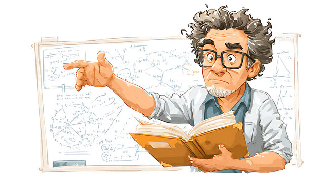 Distinguished male professor pointing at whiteboard with complex mathematical research equations