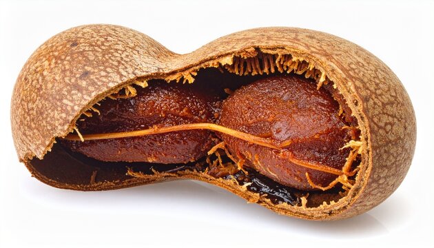 Tamarind fruit cut in half revealing the brown flesh, isolated on a white background.