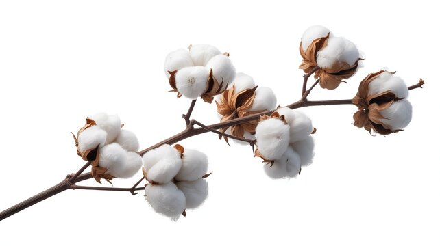 Close up macro shot of a cotton plant branch with fluffy white cotton bolls and brown seed pods against a white background