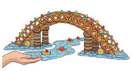 Naklejka premium Decorative gingerbread bridge illustration with festive lights and boats