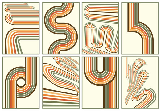 Retro geometric letter set in 70s style with colorful striped line shapes, minimalist vector typography poster collection on cream background.