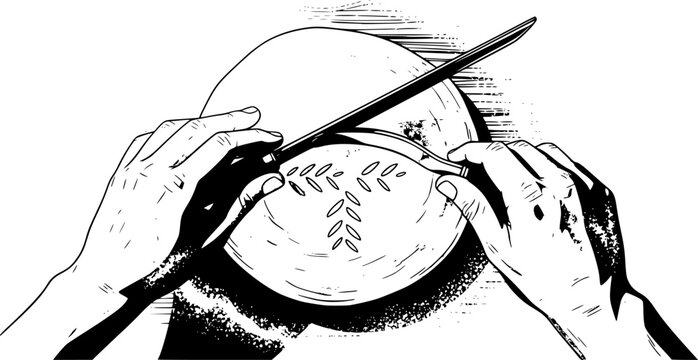 A top-down shot of flour-covered hands using a traditional lame to score bread. Warm bakery lighting, rustic wooden surfaces, focusing on "cultural specificity."