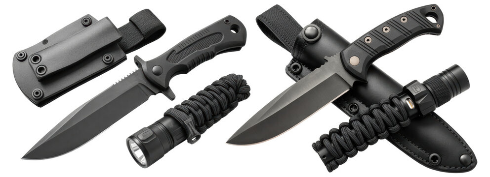 Tactical black combat knives and flashlights survival gear collection.