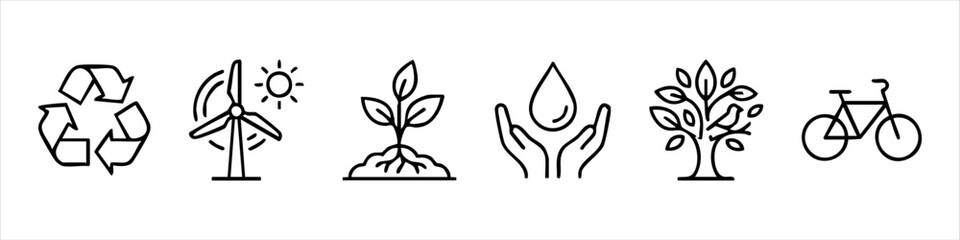 Fototapeta premium Ecology icon set featuring recycling, renewable energy, plant growth, water conservation, nature, and green transportation symbols for environmental sustainability concepts.