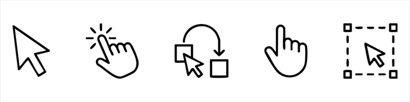 Vector icon set of mouse cursor pointers including arrow, hand click, drag and drop, and selection tools for web design and user interface.