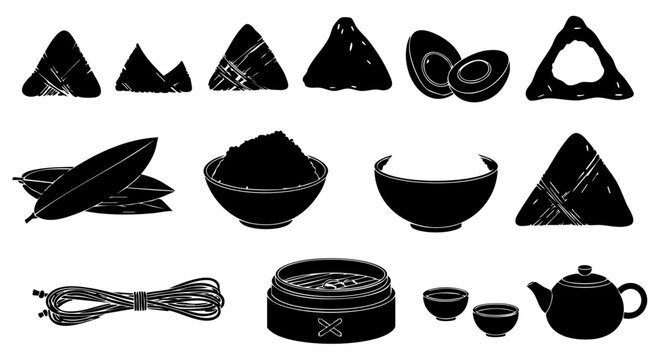 Traditional Dragon Boat Festival Silhouettes Featuring Rice Dumplings Tea Sets And Bamboo Leaf Icons