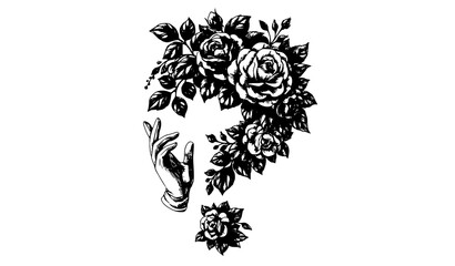 Fototapeta premium tribal lion tattoo Vintage rose floral composition with elegant gloved hand engraving style vector isolated on white background
