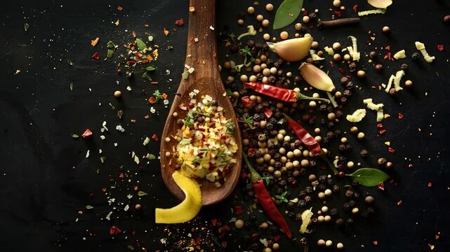 Video A wooden spoon filled with various spices, perfect for cooking and baking