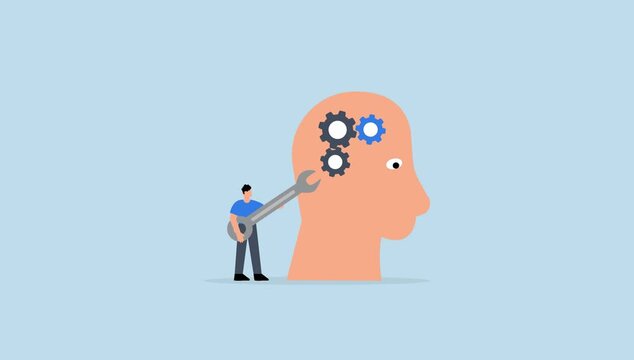 Man fixing gears inside a giant human head with a wrench, symbolizing mental mechanics and problem solving.