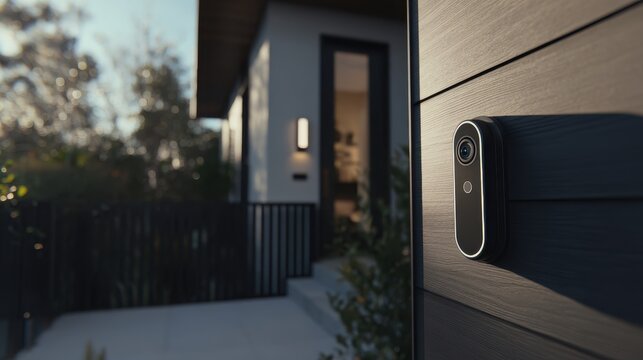 Modern smart video doorbell camera installed on home entrance at dusk
