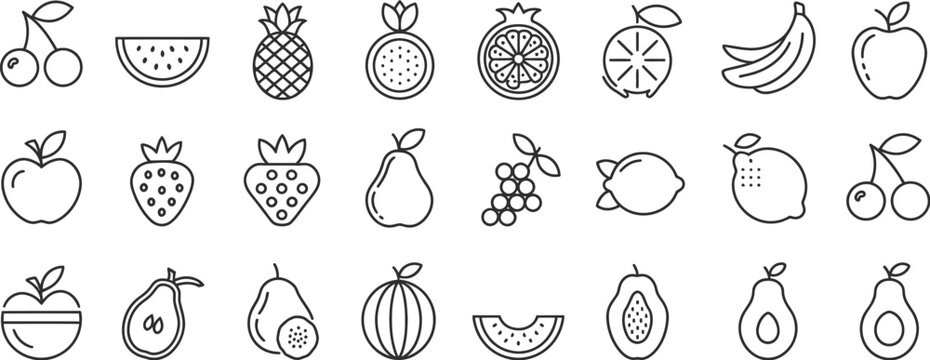 Hand drawn fruit icon set with line style illustration including apple banana pineapple citrus cherry watermelon and pear outline collection