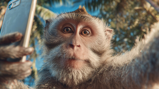 Realistic monkey taking selfie on smartphone, social media concept