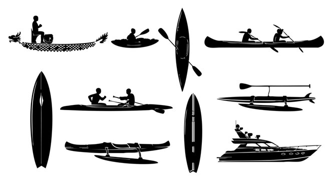 Silhouette collection of marine vessels featuring dragon boat festival rowers and luxury yachts