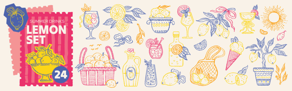 Hand drawn Italian lemon doodle set. Mediterranean vintage summer citrus illustration with Amalfi coast art. Limoncello wine bottle glass lemon vase. Coastal Italy stamp frame card with summer food bg