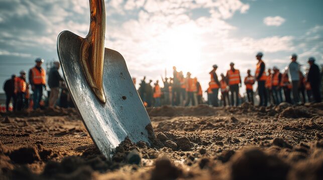 Close-up of shovel at construction site groundbreaking ceremony with sunset light
