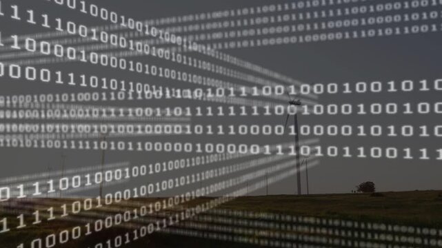 Vertical video: At start sliding binary bands moving across farm showing data over poles, guardrail