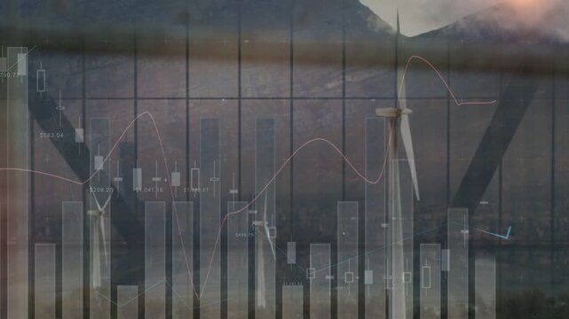 Vertical video: Animating charts data updating bars candles line over ridge turbines showing power