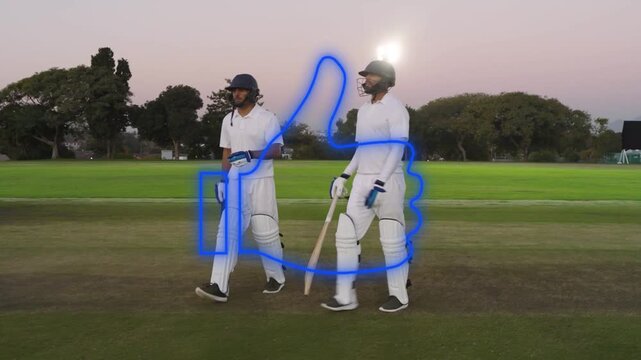 Cricket pair tapping bats fixing gear leaving crease after exchange neon thumbs-up fading over them