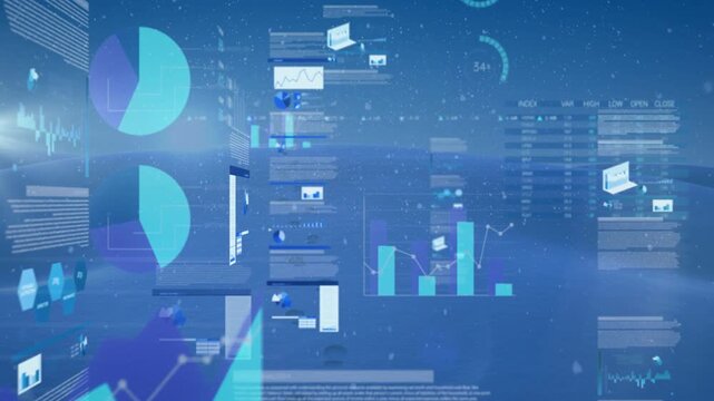 Camera panning, data updating, panels sliding, bars growing, charts simplifying finance dashboard