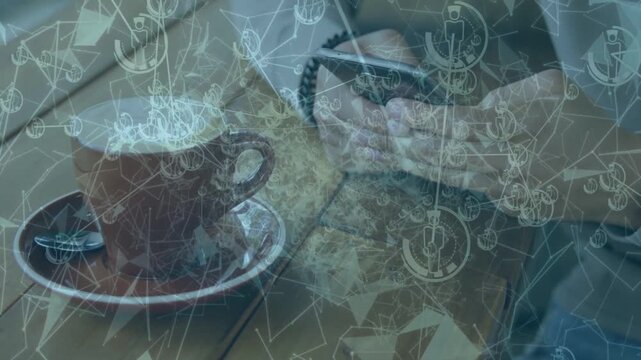 Raising smartphone, man's hands tapping and swiping at table, cup, schematic overlay, copy space