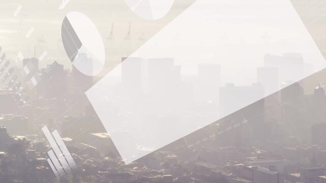 City skyline staying centered while bars and panel appearing from left, sliding, showing tech data