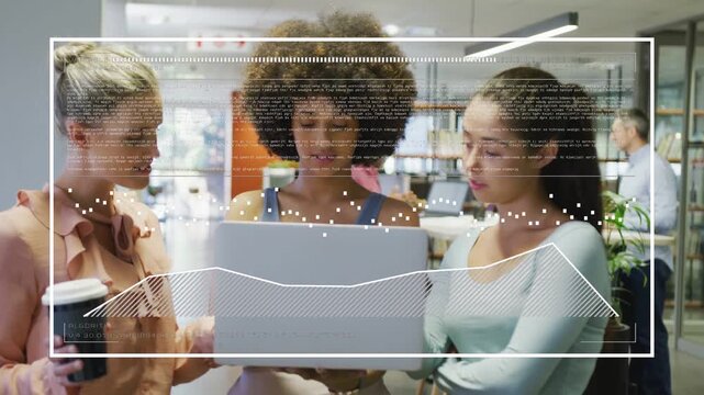 Three women gathering while lead showing laptop HUD showing line graph, guiding business consensus