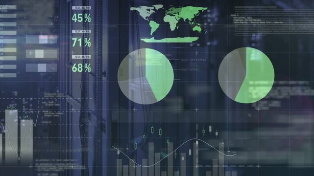 Translucent dashboard responding to real-time finance feed, updating charts, gauges, maps, tables