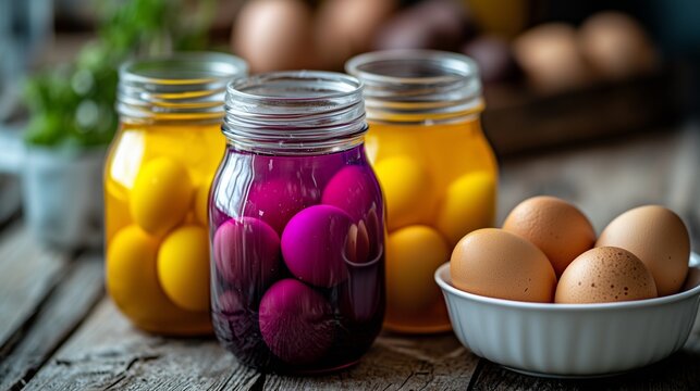 Huevos encurtidos artesanales de color morado y amarillo usando remolacha y curcuma, en frascos de vidrio sobre mesa r&uacute;stica junto a un bowl de huevos frescos