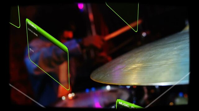 Vertical video: Raising stick, drummer in denim hitting cymbal onstage to keep beat, with green UI