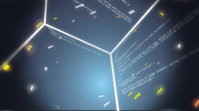 Rotating camera revealing code-covered cube faces in virtual chamber, creating blue-core DATA flow