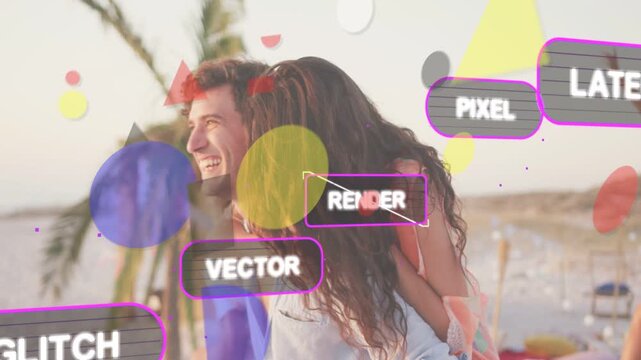 Man carrying woman on back at beach, couple shifting laughing as vector tags layering for design