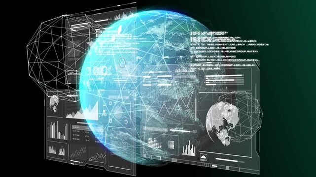 Vertical video: Animating Earth rotating on start in hub for displaying data via HUD charts, lines