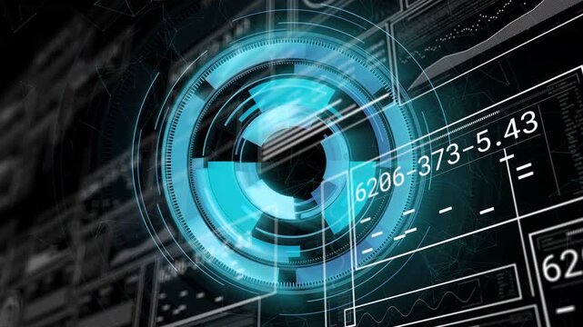 Vertical video: Rotating HUD scanning dark grid on target lock, showing cyan reticle and readouts