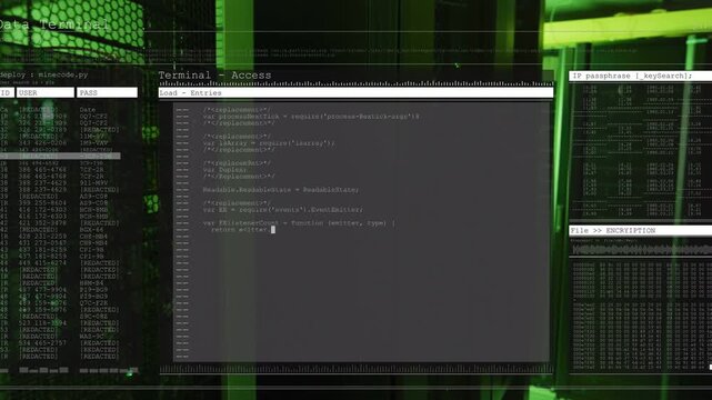 Translucent UI appearing, main terminal filling code and showing passwords for crypto, LEDs visible