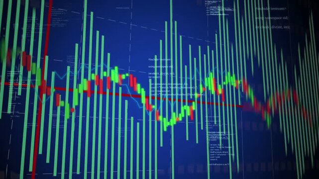 Animating cyan bars pulsing as bicolor trace dipping then rising with red marker on blue screen