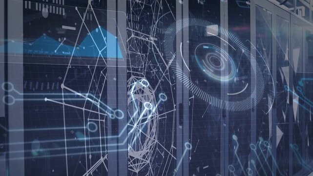Camera moving across racks, graphics animating over cabinets, forming HUD, visualizing live data