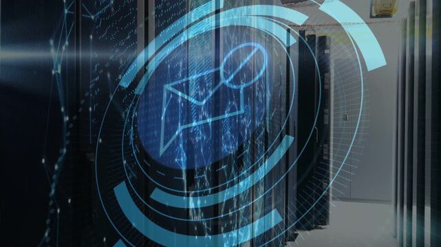 Horizontal lens flare starting blue holo HUD over racks, rings pulsing, highlighting envelope alert