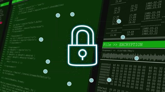 Animating lock with glyphs popping, turning into neon lock on green panels nodes linking encryption