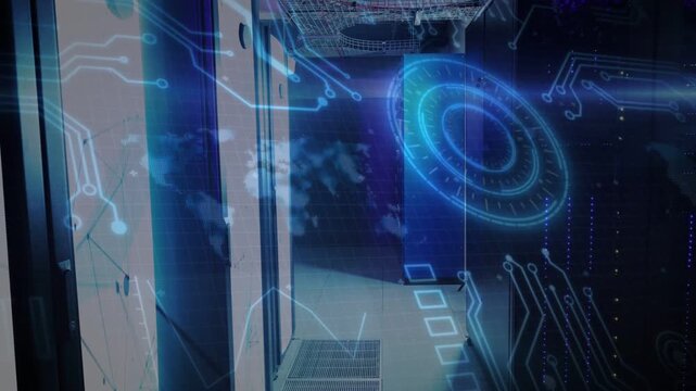 HUD fading in from right, tracing circuit lines left, pulsing reticle, mapping racks for monitoring