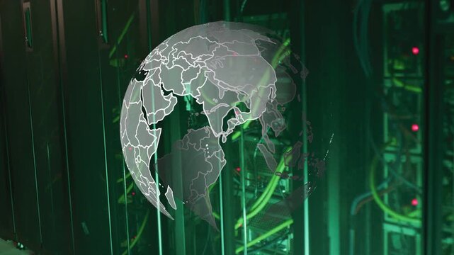 Rack LED pulsing, globe appearing, rotating, drawing borders, aligning streaks showing network flow