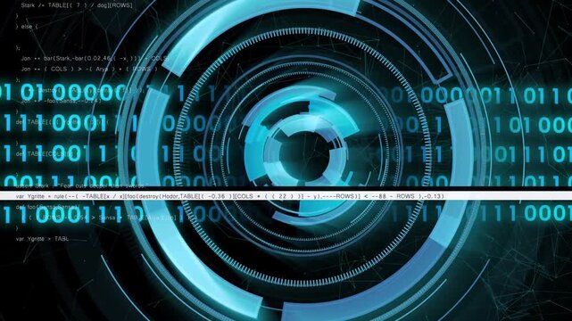 Rotating circular HUD powering on display, displaying data with rising binary columns and scan bar