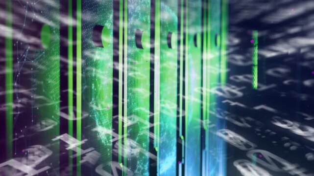 Moving glyph field sweeping foreground brightening globe animating green panels visualizing network