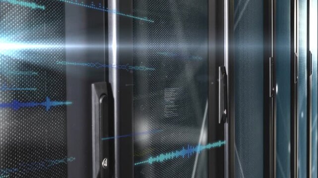 Blue lens flare crossing frame activating overlays, waves sliding across racks showing data flow