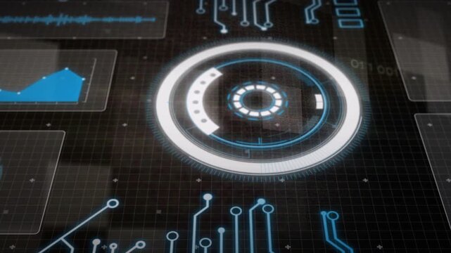Booting center HUD brightening, rotating and pulsing on grid, updating panels for monitoring