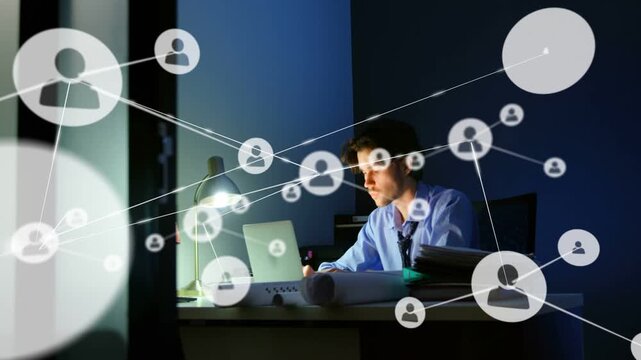 Vertical video: Net rising from glass urging man in shirt tie typing plans laptop night, copy space
