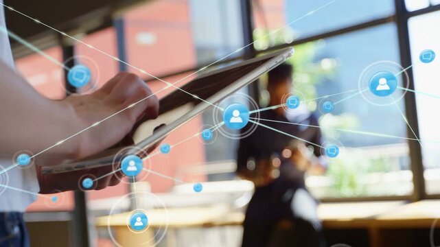 Tapping and swiping hands holding tablet in cafe, each gesture resulting in blue user icons growing