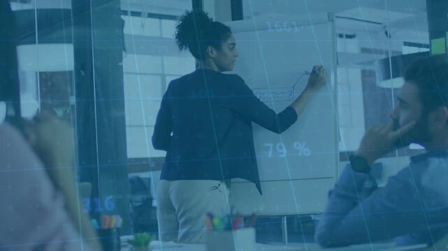 Starting meeting blazer presenter sketching trendline on flipchart at office gesturing, explaining